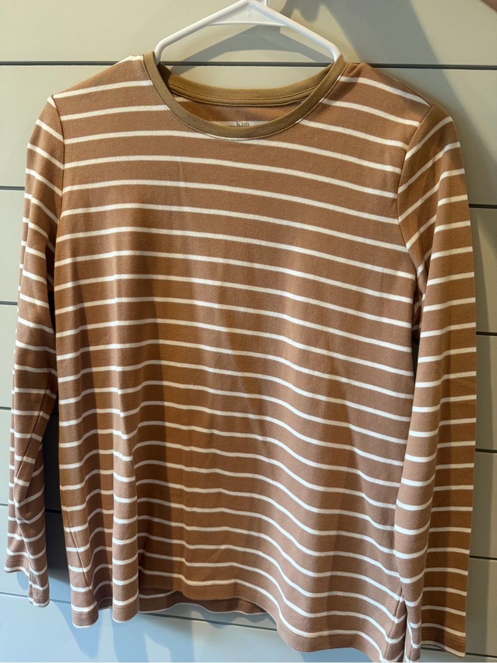 Kim Rogers Tan and White Striped Crewneck Sweater